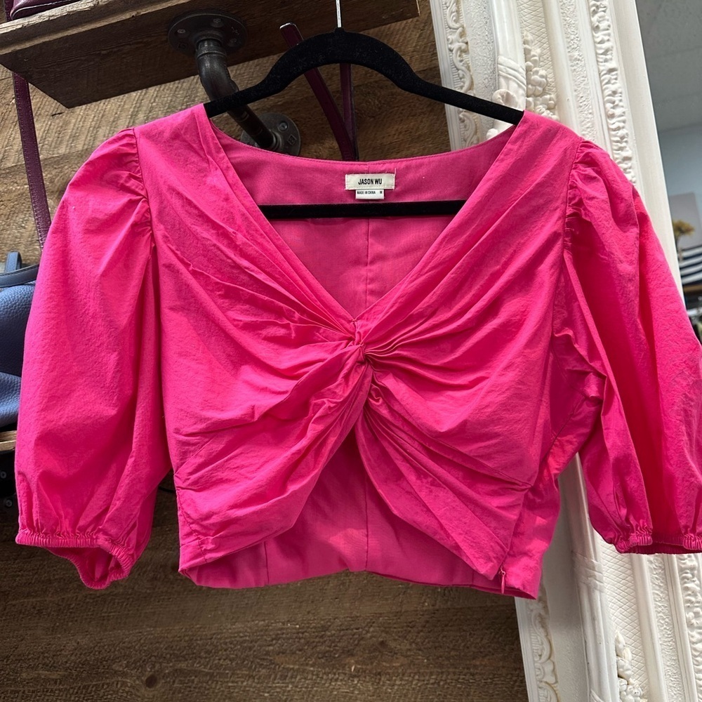 Jason Wu Hot Pink Puff Sleeve Twist Front Crop Top Size M - Picture 2 of 6